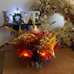Thanksgiving fall centerpiece.Orange LED Lights, scented candle